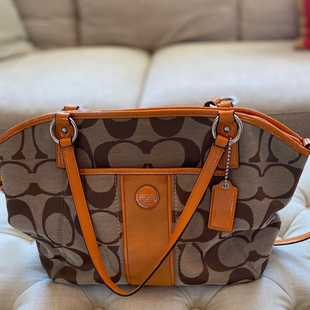 Coach Signature Stripe Pocket Tote In Orange Spice
